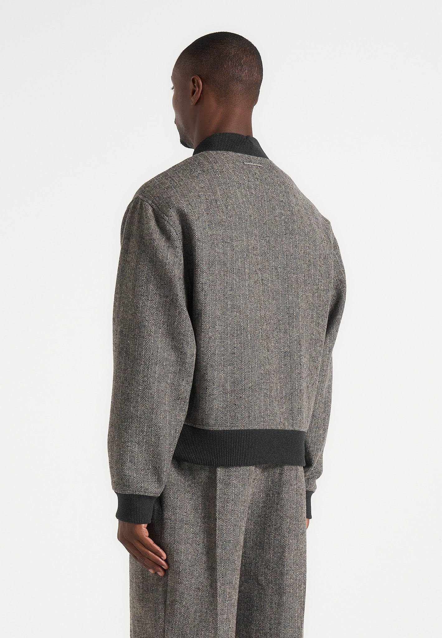 Leandro - Herringbone Wool Bomber Jacket - Grey