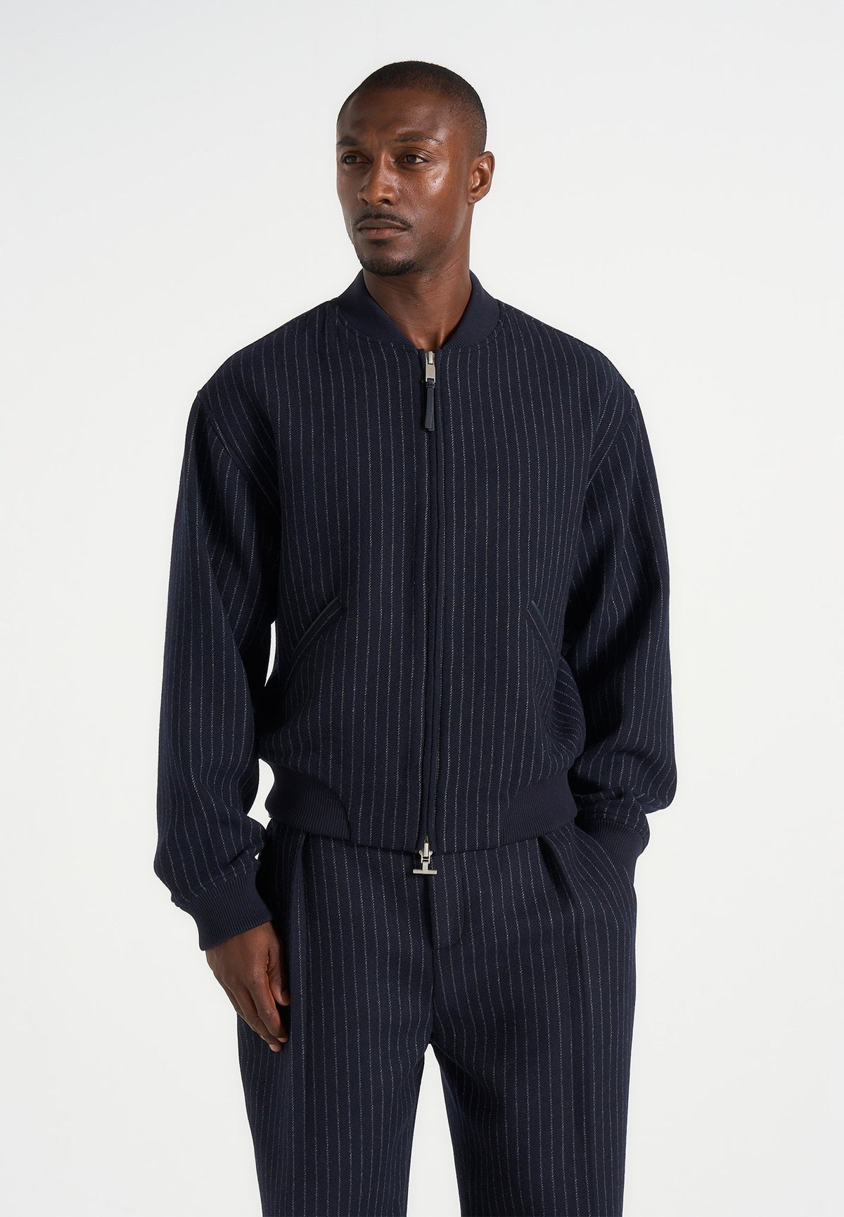 Leandro - Pinstripe Wool Bomber Jacket - Navy