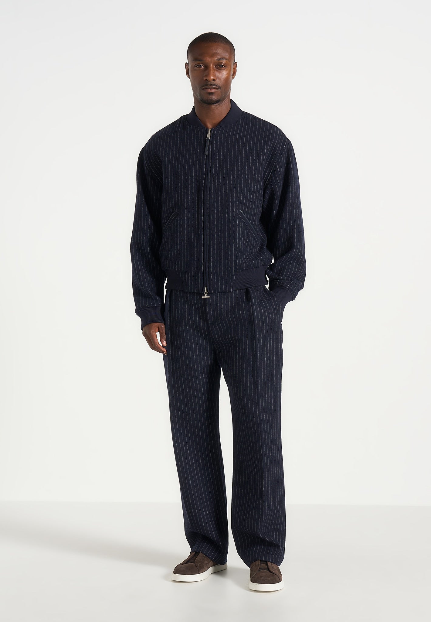 Leandro - Pinstripe Wool Bomber Jacket - Navy