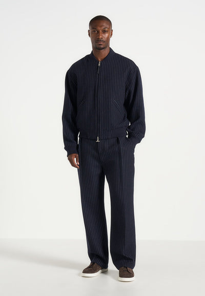 Leandro - Pinstripe Wool Bomber Jacket - Navy