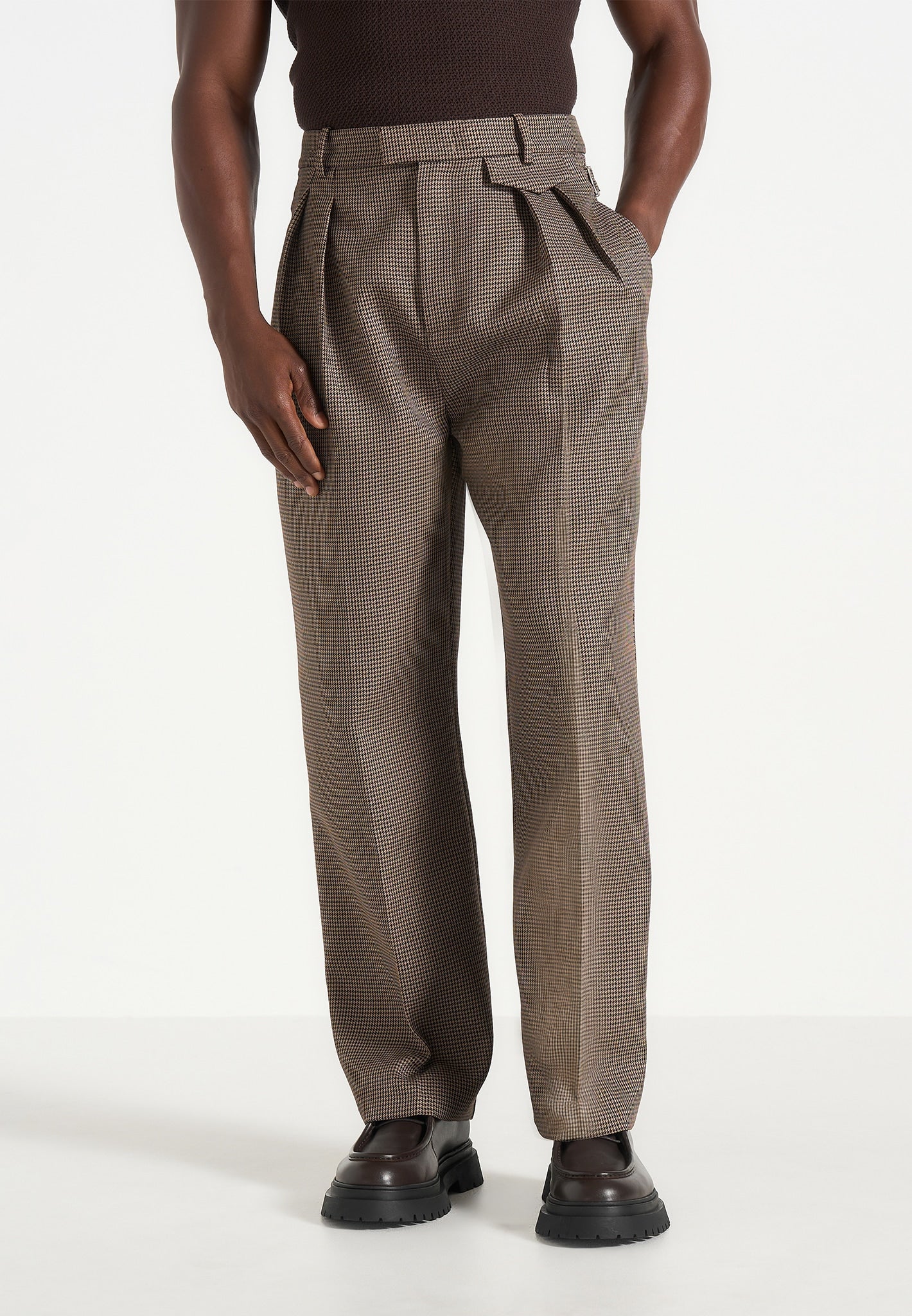 Pierre - Houndstooth Twin Pleat Pants - Brown