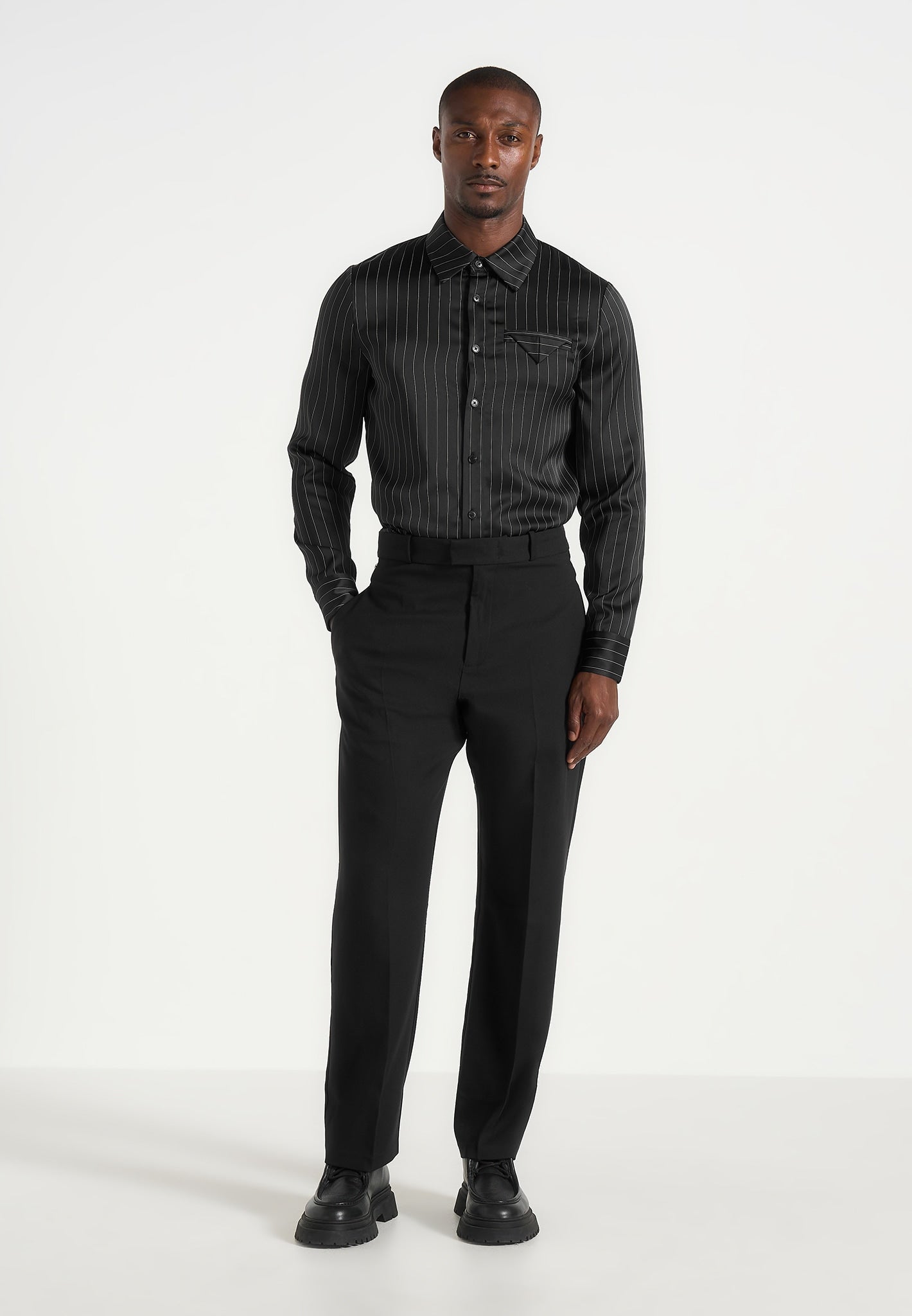 Elian - Satin Pinstripe Slim Fit Dress Shirt - Black