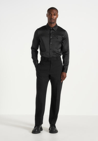 Elian - Satin Pinstripe Slim Fit Dress Shirt - Black