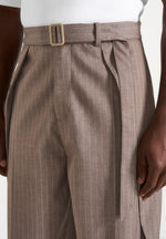 Charles - Wide Fit Wrap Leg Pinstripe Tailored Pants - Taupe