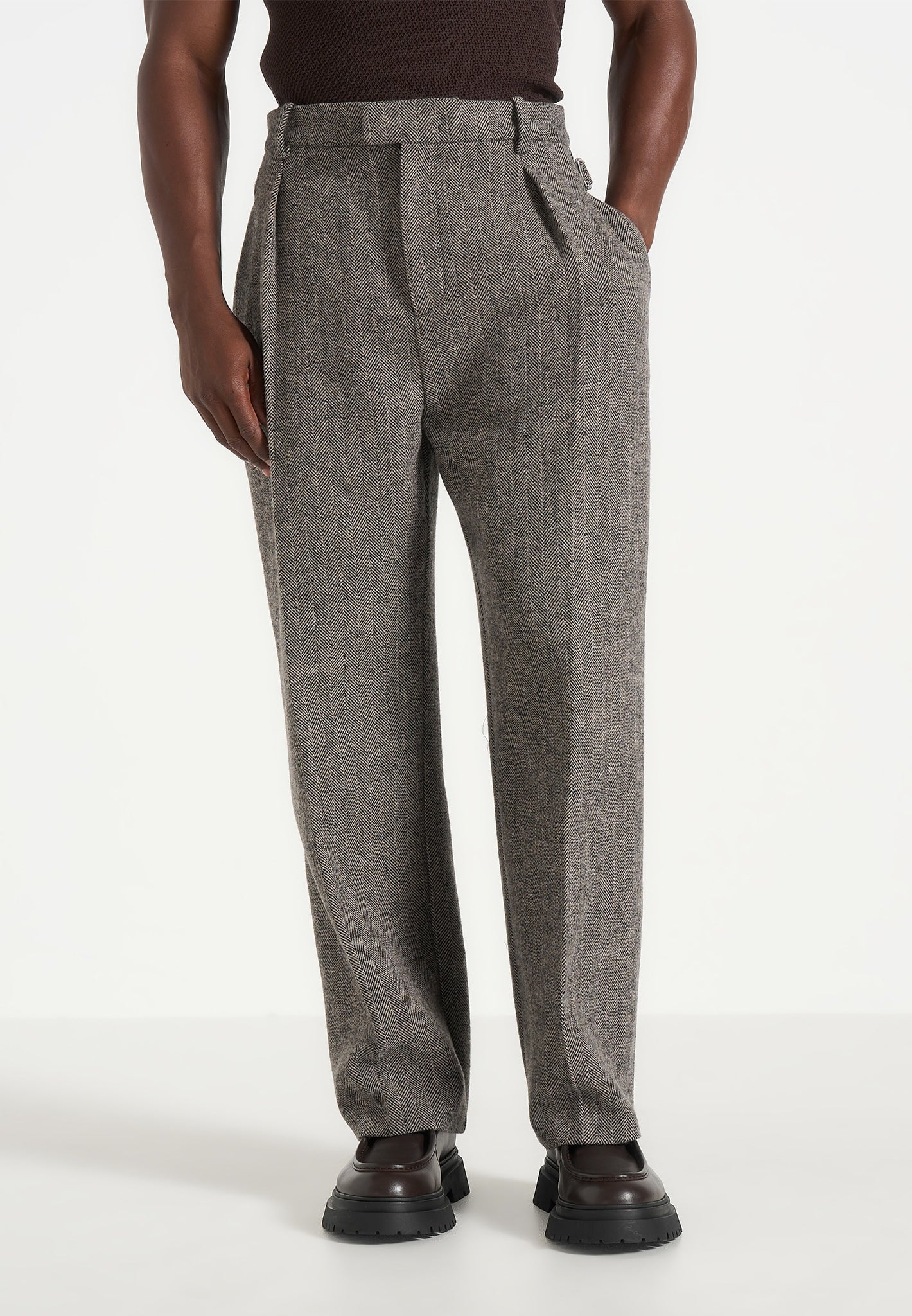 Dorian -  Herringbone Wool Pleated Pants - Grey
