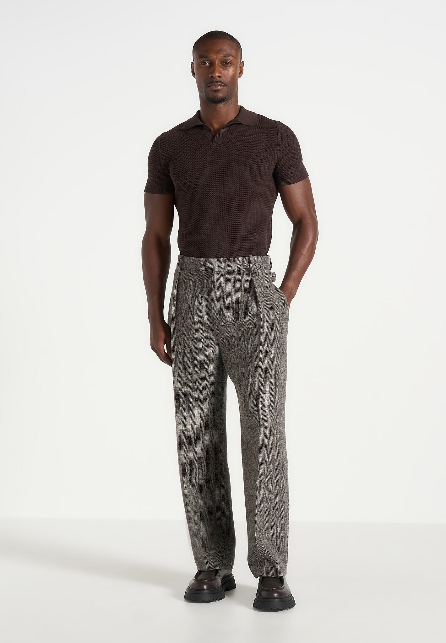 Dorian -  Herringbone Wool Pleated Pants - Grey