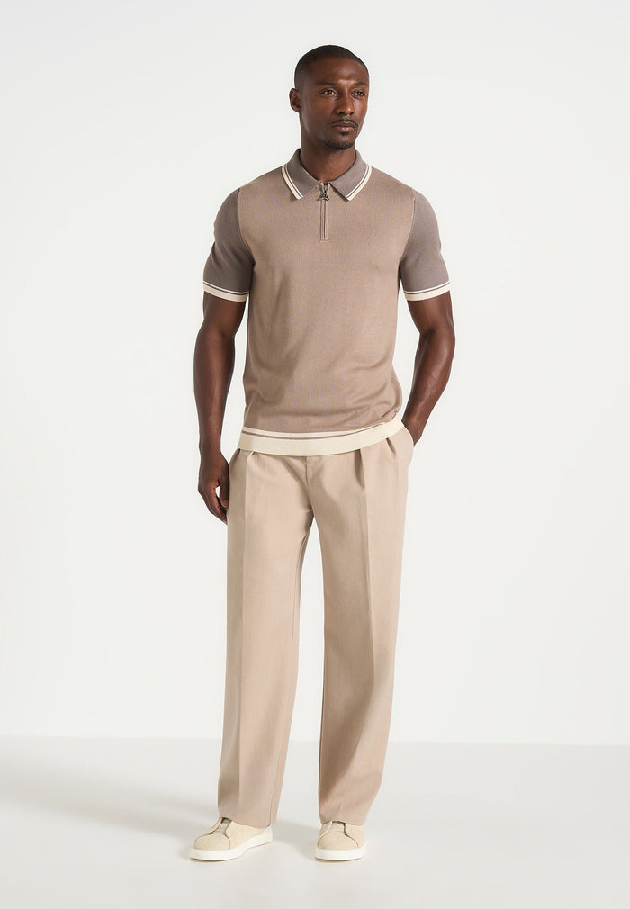 Cole - Colour Block Zip Polo Shirt - Taupe