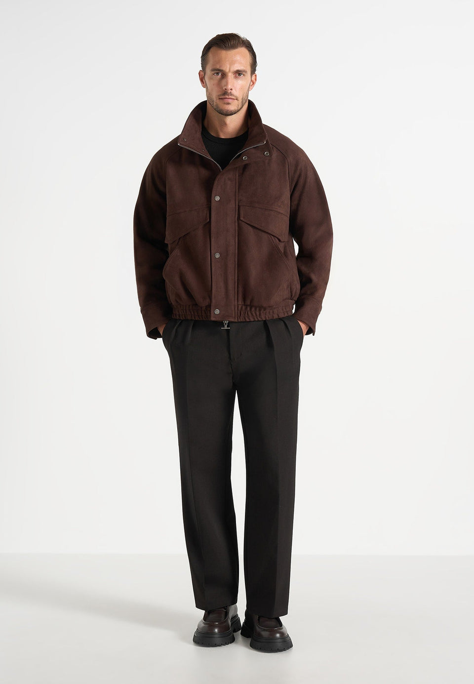 romain-unisex-funnel-neck-suede-relaxed-bomber-jacket