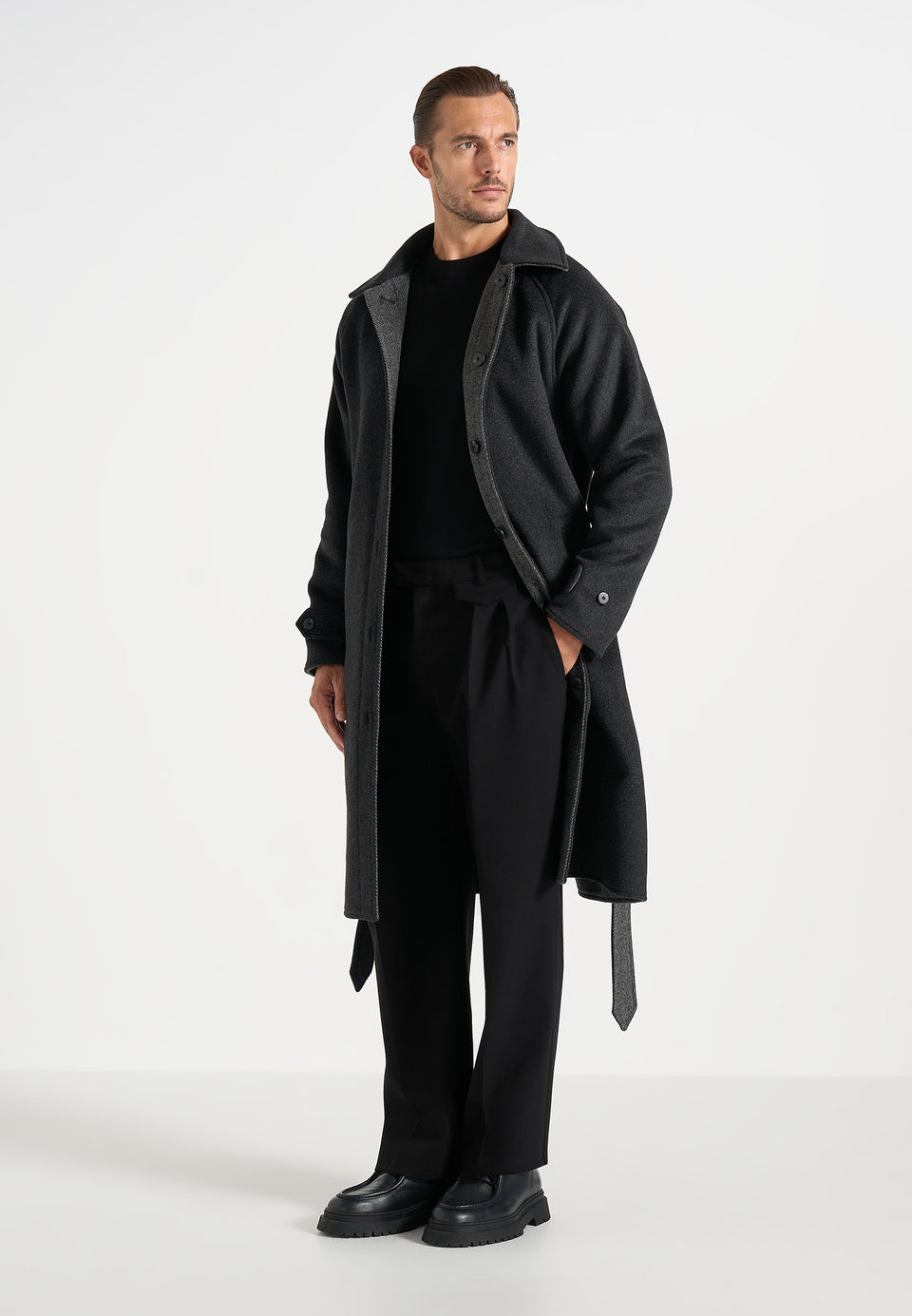 Alfie - Reversible Belted Wool-Blend Car Coat - Grey / Black