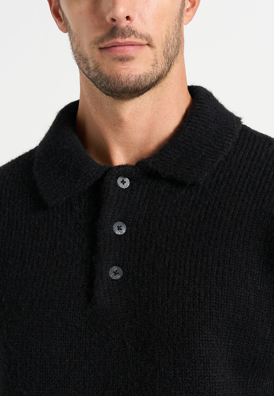 Finn - Brushed Wool-Blend Polo Knit Sweater - Black