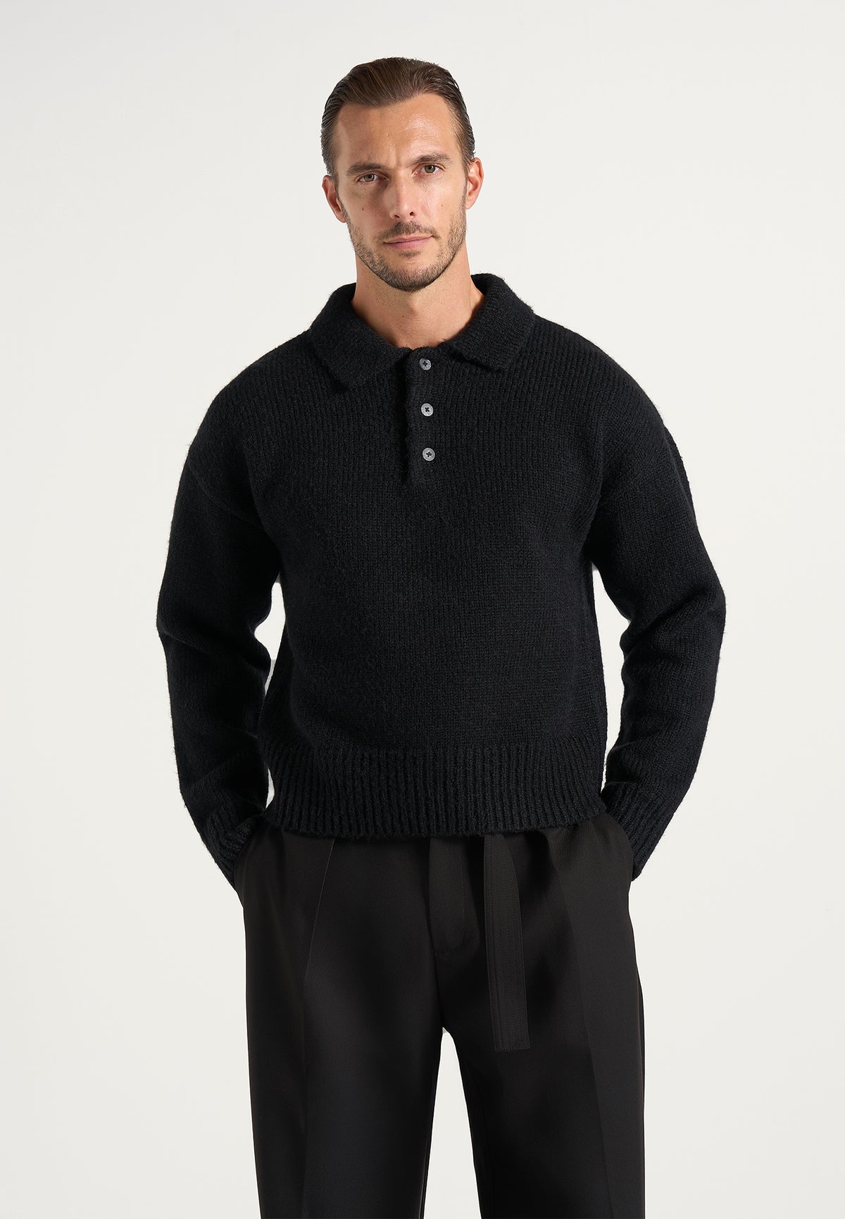 Finn - Brushed Wool-Blend Polo Knit Sweater - Black