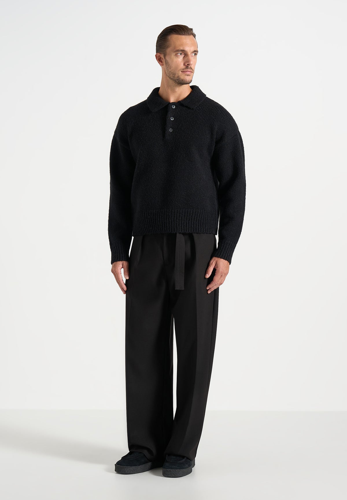 Finn - Brushed Wool-Blend Polo Knit Sweater - Black