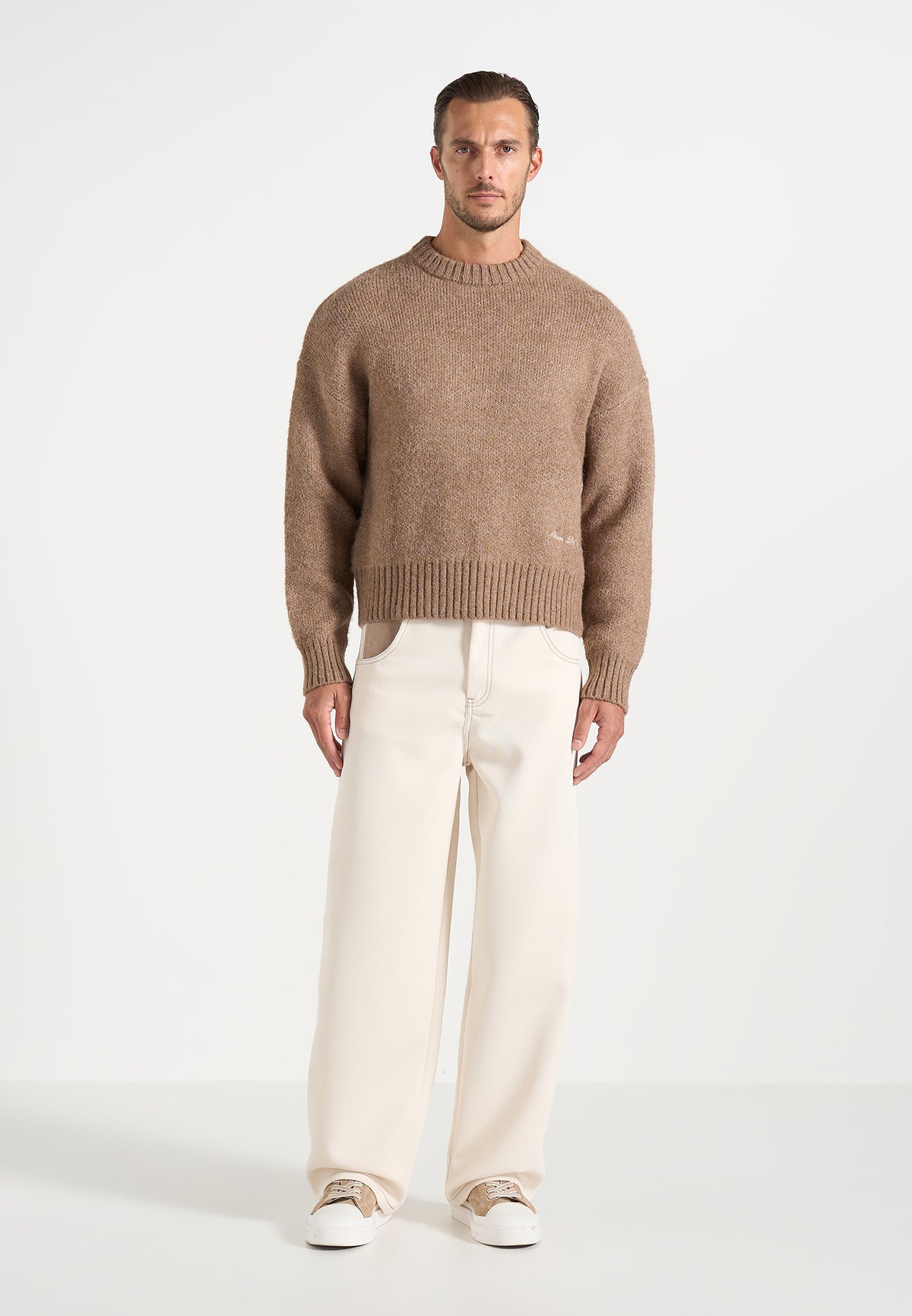 Kamil - Art Slogan Speckled Brushed Wool-Blend Knit Sweater - Beige