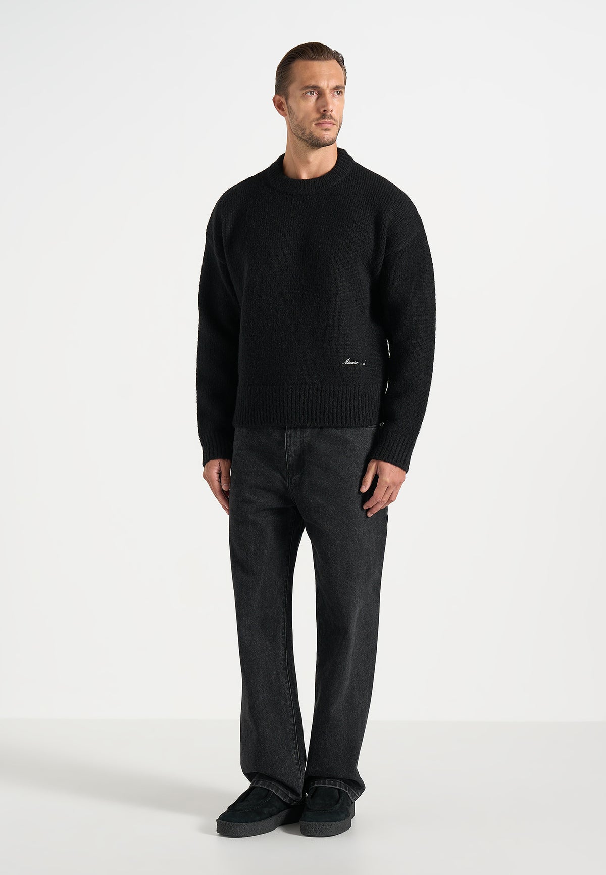 KW001 - Brushed Wool-Blend Knit Signature Sweater - Black