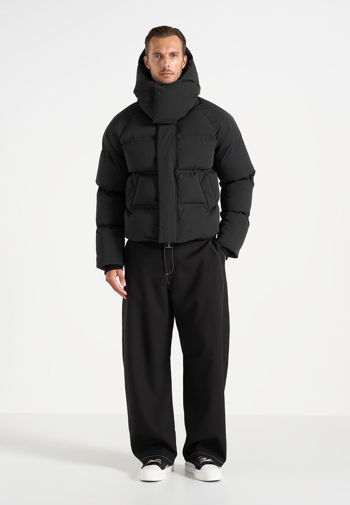 Bradley - Boxy Cropped Raglan Wrap Neck Puffer Jacket - Black