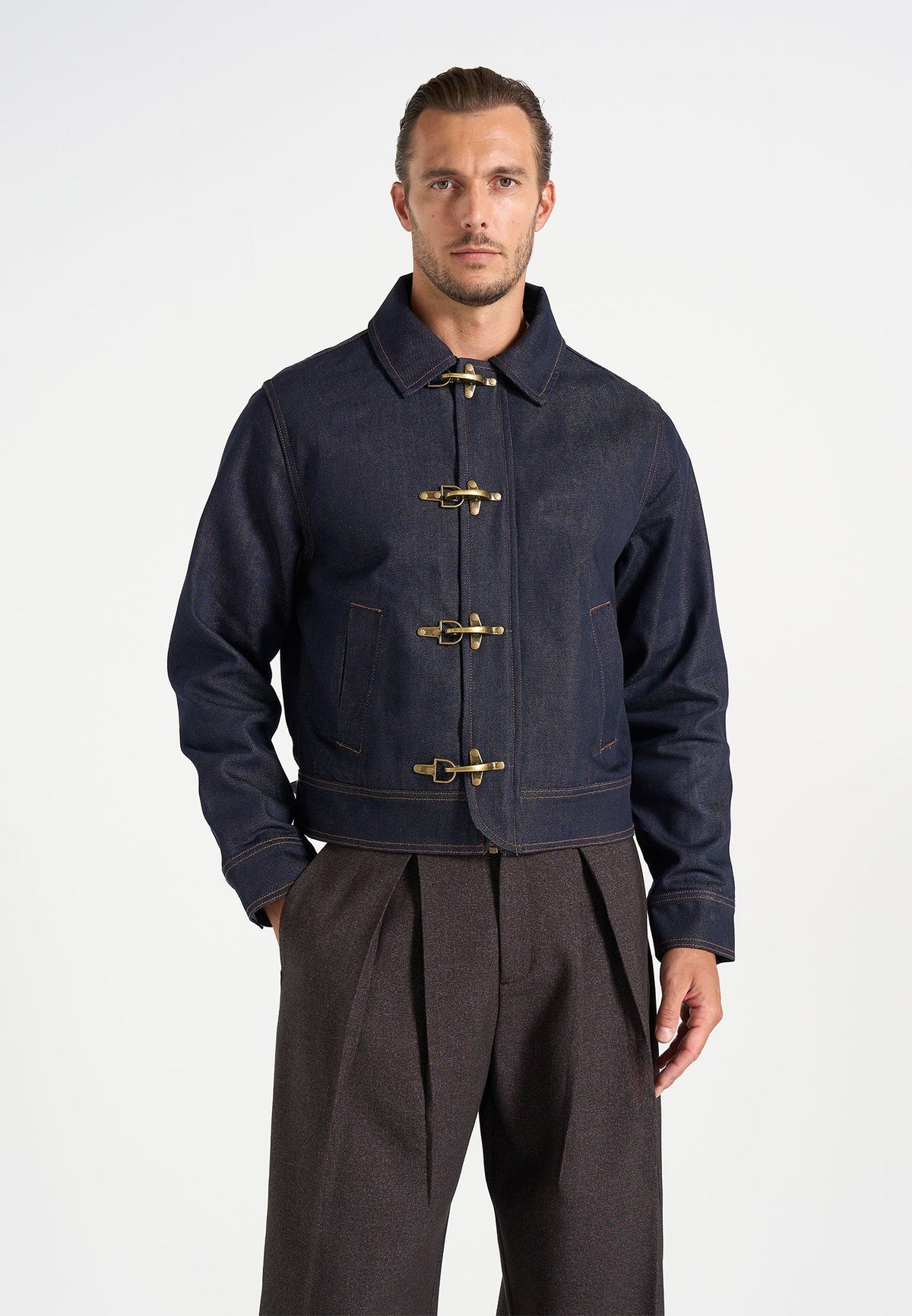 Nino - Clasp Detail Denim Contrast Stitch Jacket - Indigo