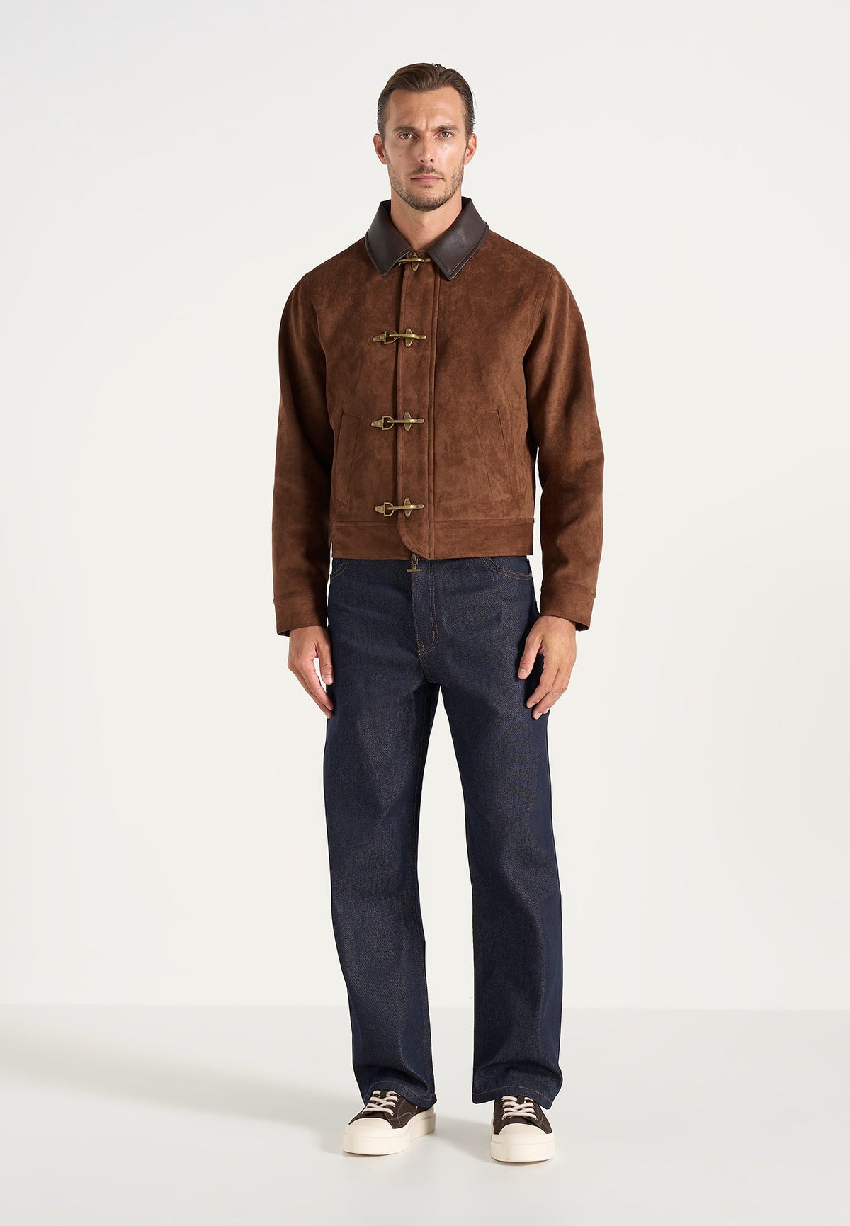 Nino - Unisex Clasp Detail Contrast Stitch Suede Jacket - Tan