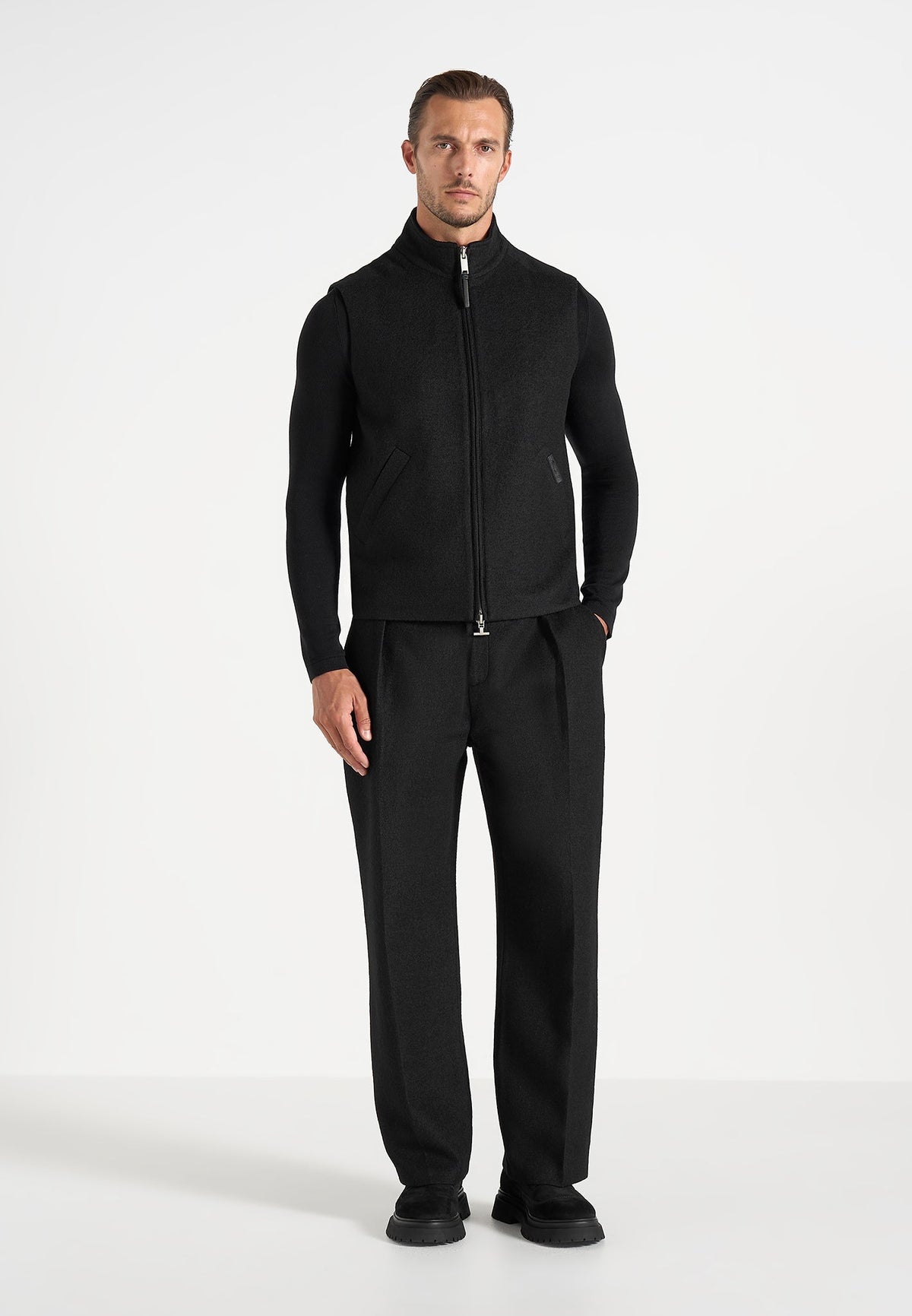 Levi - Herringbone Brushed Wool Zip Gilet - Black