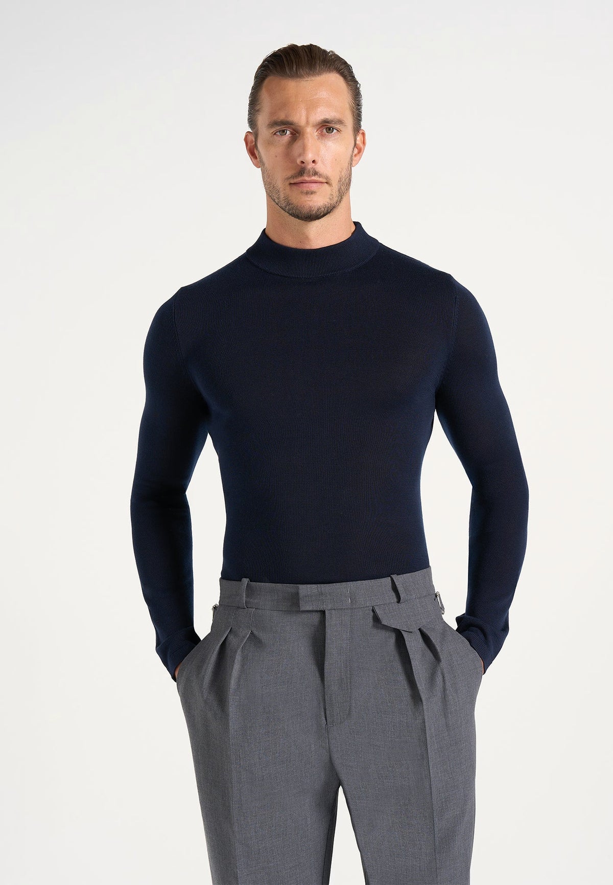 KW003 - Fitted Mock Neck Wool-Blend Sweater - Navy