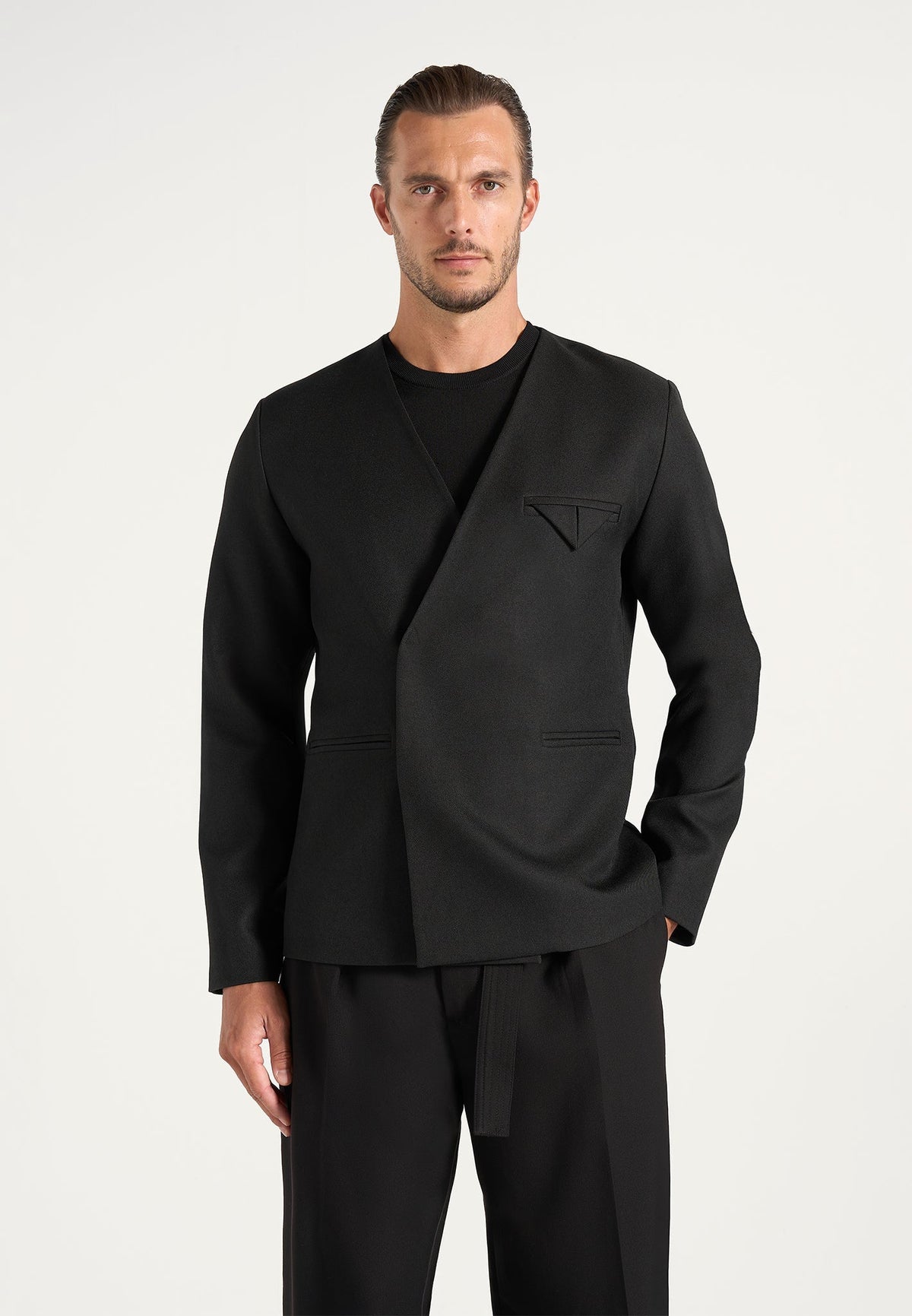 Colin - Collarless Double Breasted Minimal Blazer - Black
