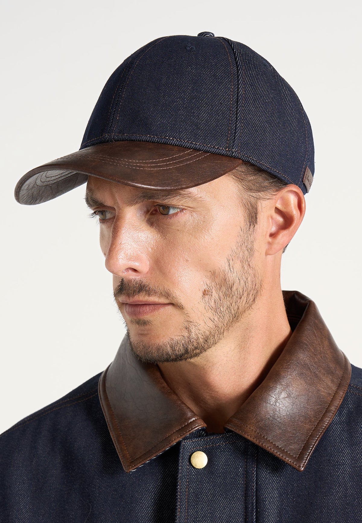 Ellis - Denim Cap With Leather Brim - Indigo