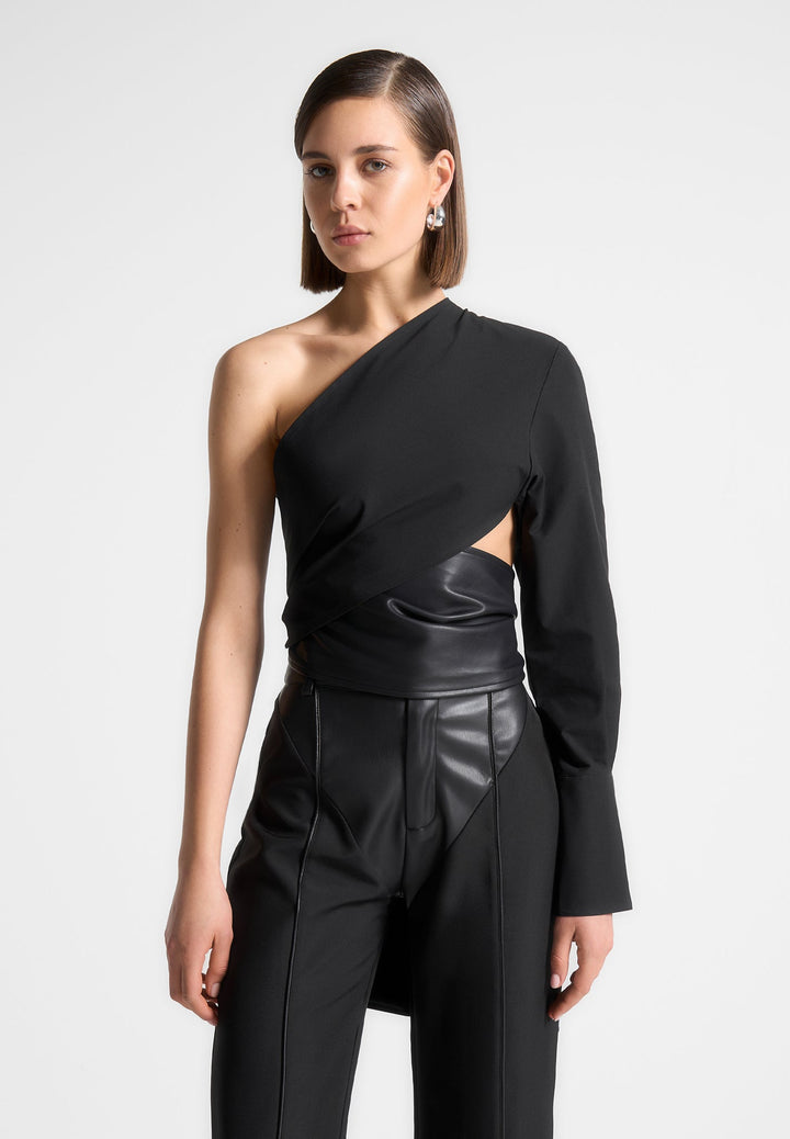 one-sleeve-vegan-leather-wrap-top-black-1