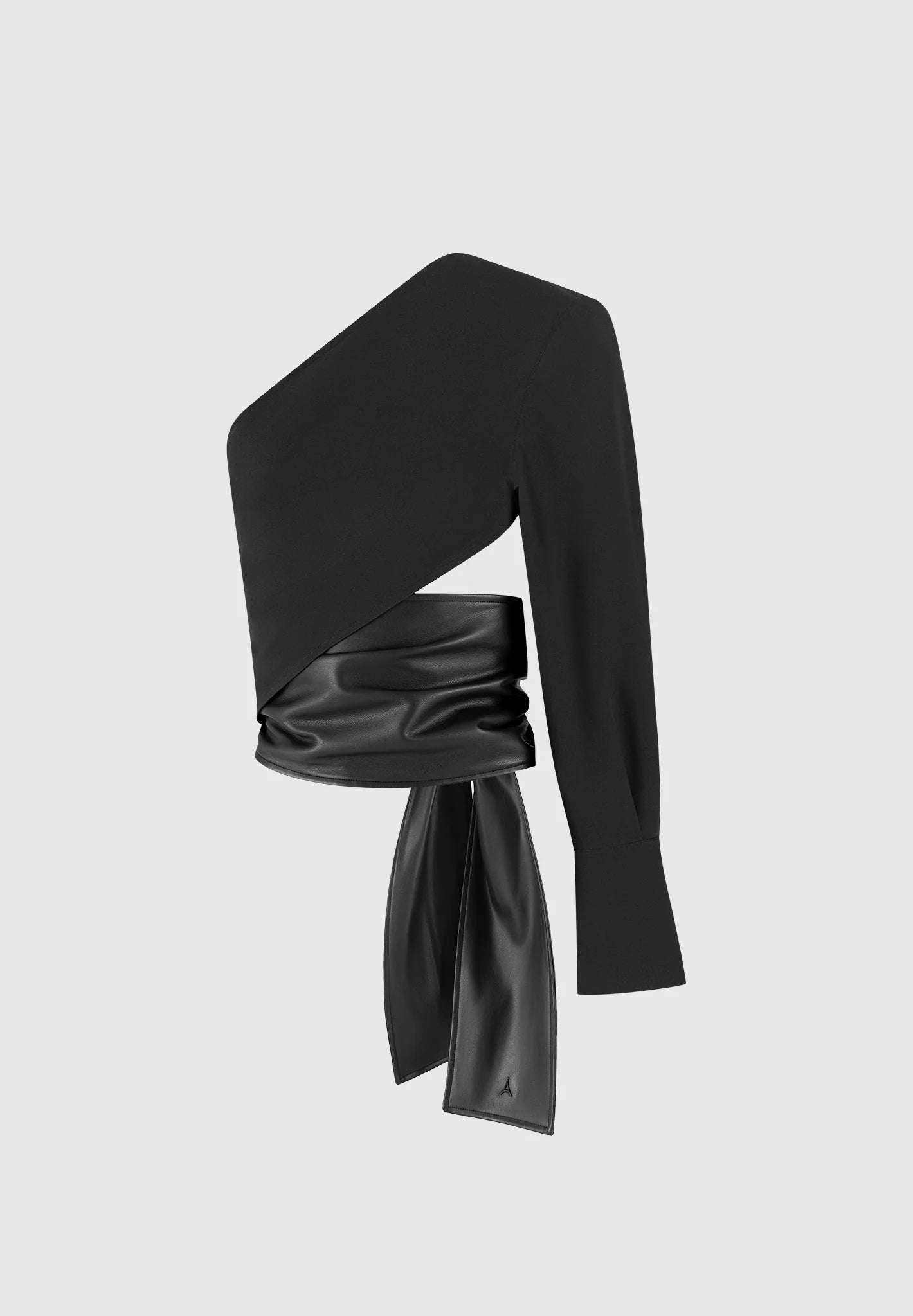 coralie-one-sleeve-leather-wrap-top-black