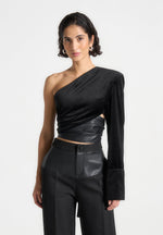 one-sleeve-velour-wrap-top-black