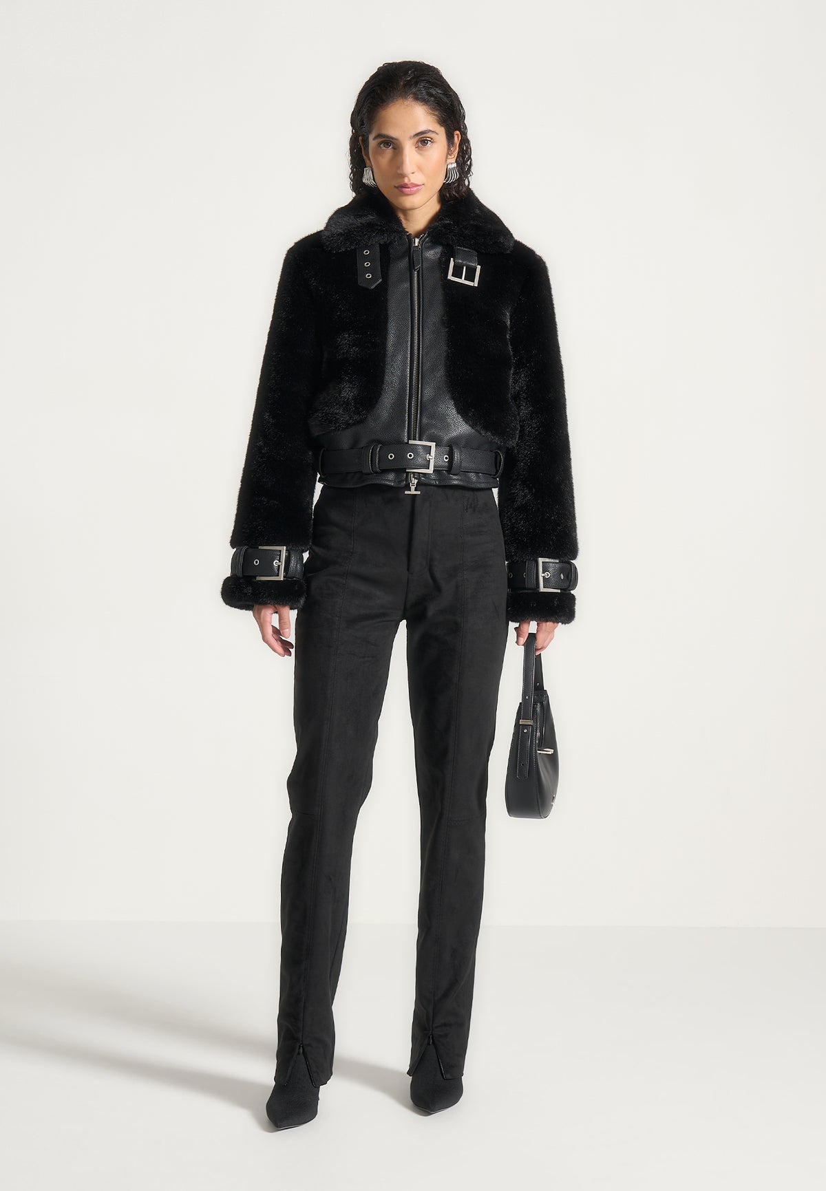 Deya - Plush & Leather Belted Jacket - Black