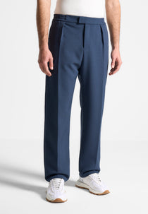 Relaxed Fit Hatched Pleated Tailored Pants - Blue
