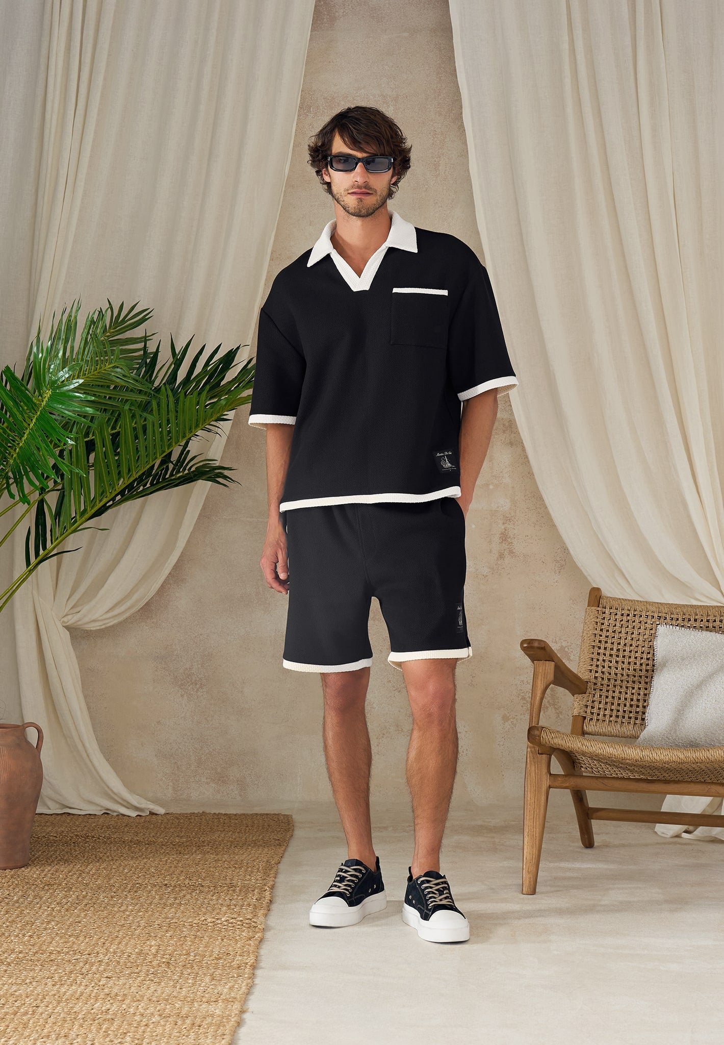 Brice - Boxy Crochet Detail Polo Shirt - Black