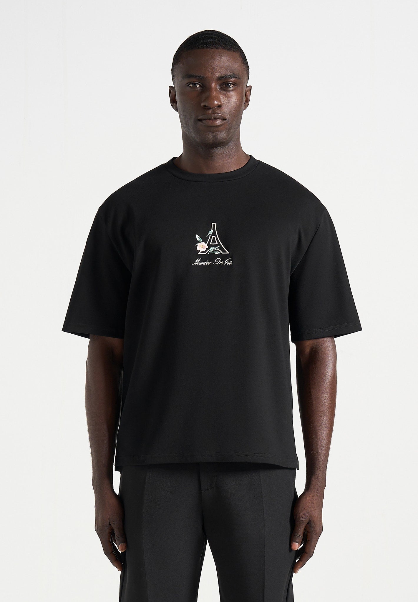 TS008 - Unisex Floral Eiffel Cotton T-Shirt - Black