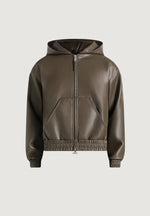 Jude - Unisex Leather Zip-Through Hooded Jacket - Olive