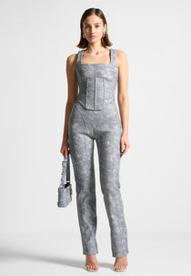 Leather Denim Effect Straight Leg Pants - Blue