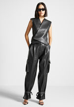 vegan-leather-pleated-cargo-trousers-black