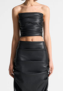 Pleated Bandeau Leather Corset Top - Black