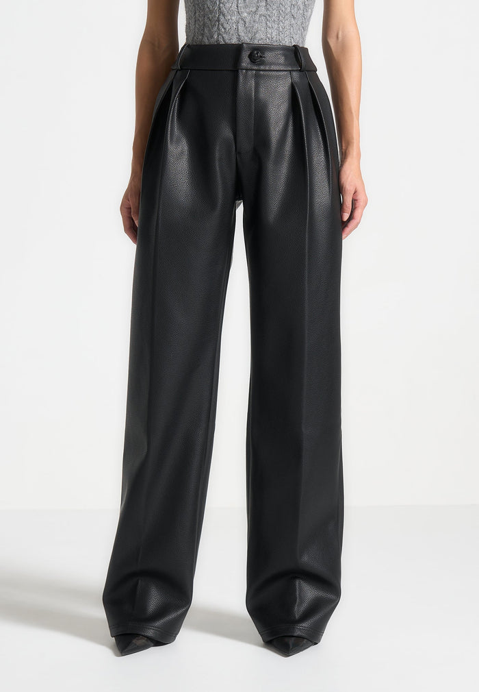 olivia-pebbled-leather-pleated-stacked-trousers-black