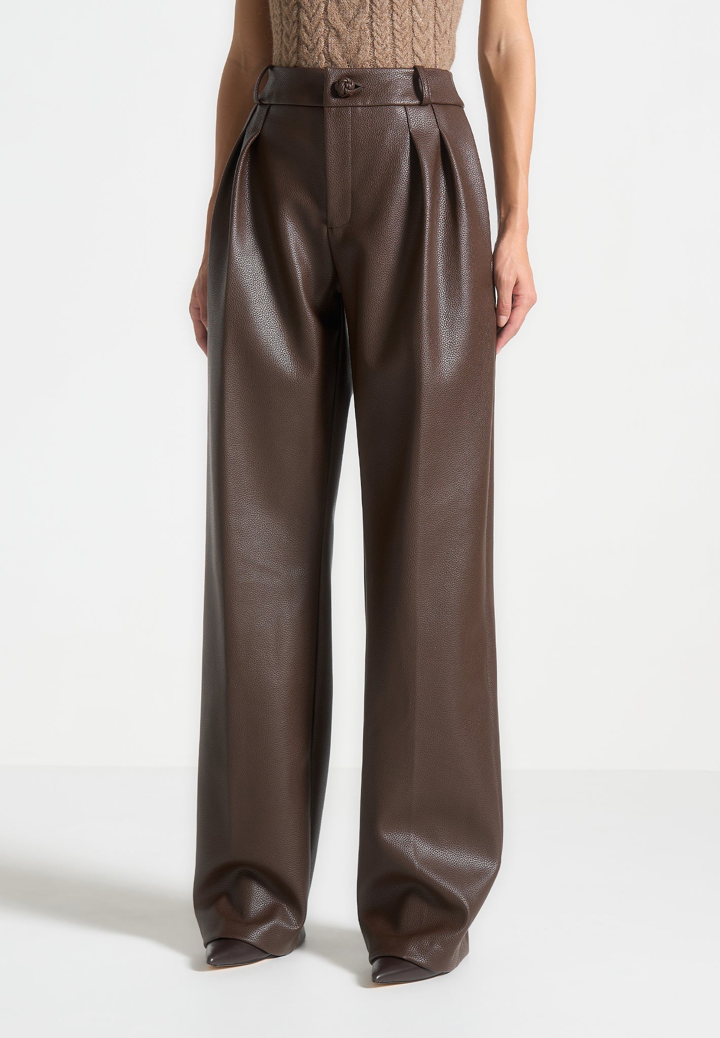 pebbled-leather-pleated-stacked-trousers-brown