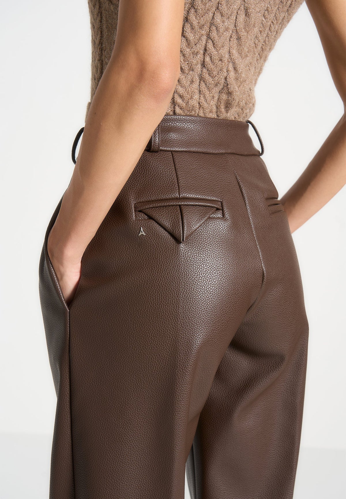 Olivia - Pebbled Leather Pleated Stacked Pants - Brown
