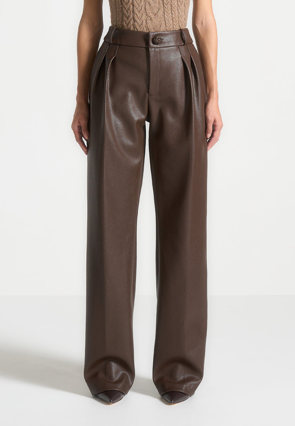 pebbled-leather-pleated-stacked-trousers-brown