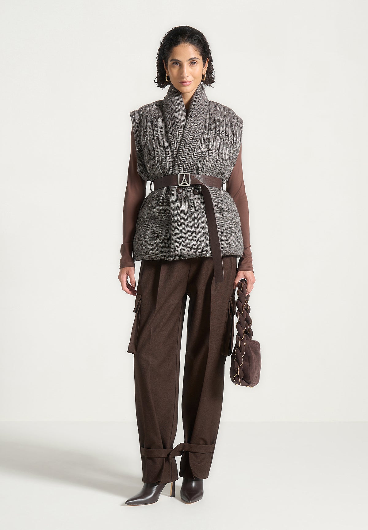 Taya - Herringbone Wool Wrap Belted Puffer Jacket - Brown