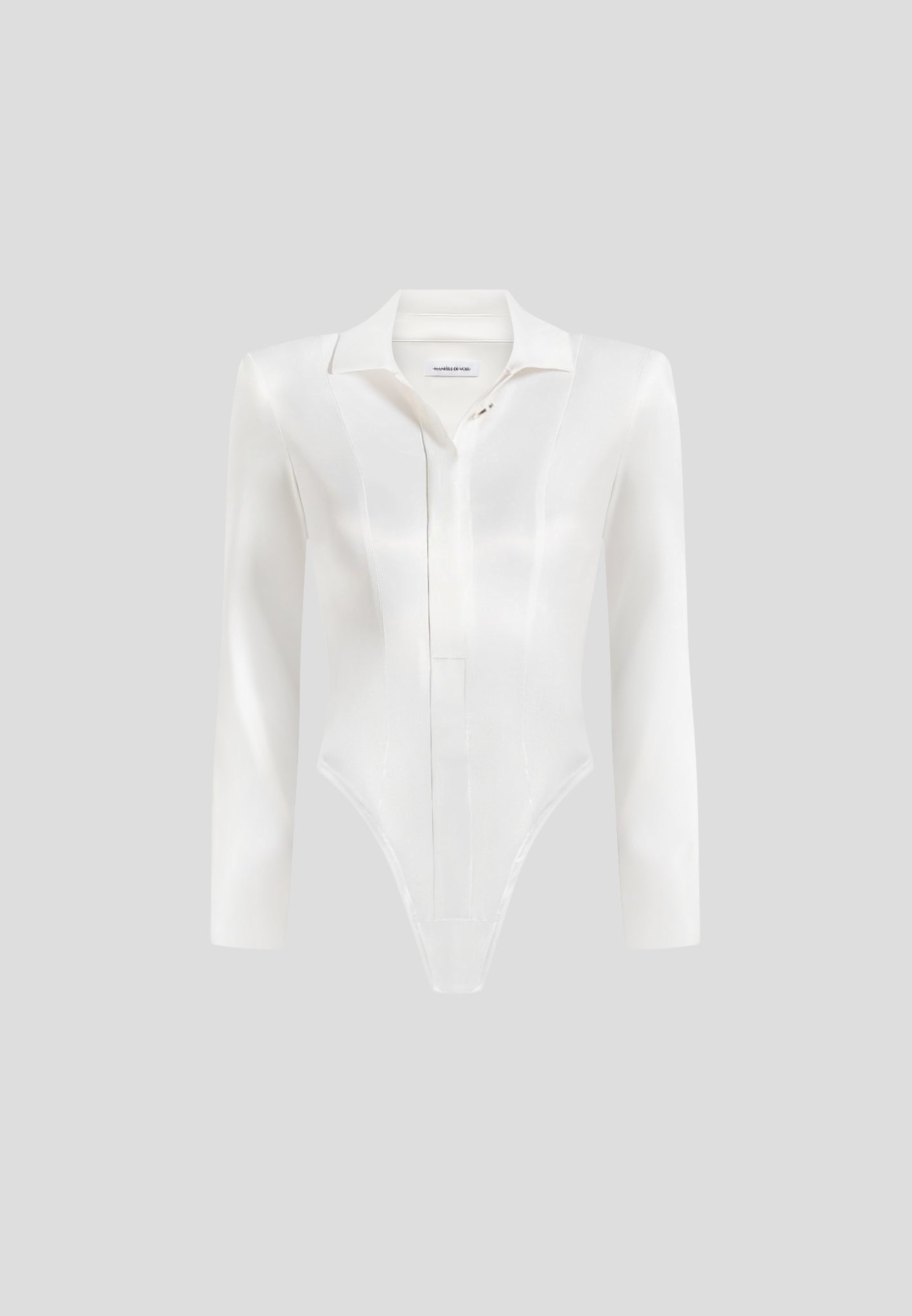 Louise - Wide Shoulder Satin Shirt Bodysuit - Off White