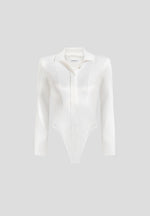 Louise - Wide Shoulder Satin Shirt Bodysuit - Off White