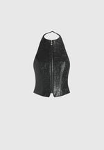 Claudette - Embossed Leather Halterneck Backless Top - Black