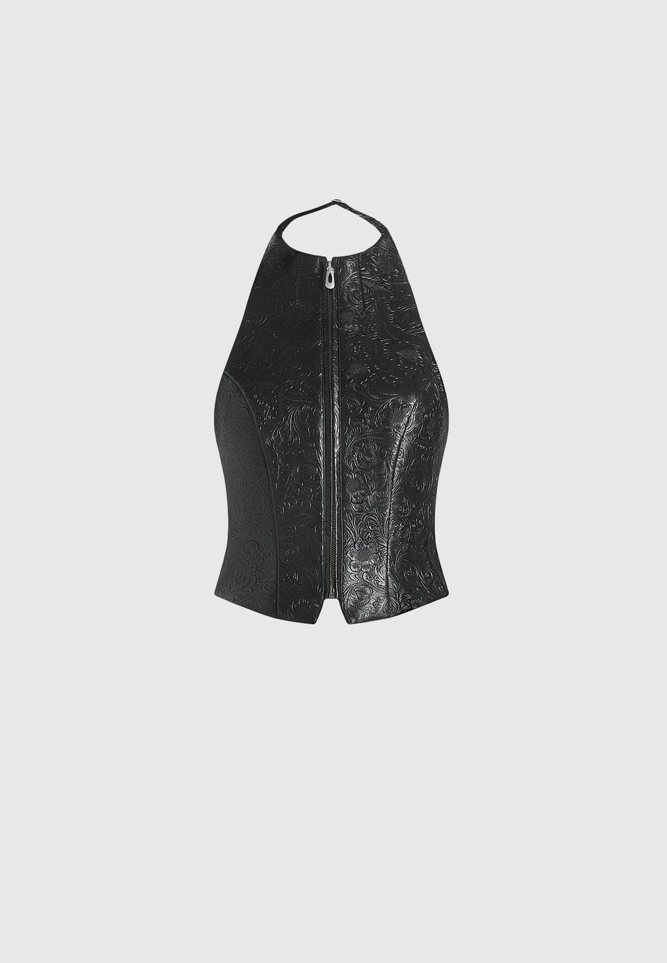 claudette-embossed-leather-halterneck-backless-top-black