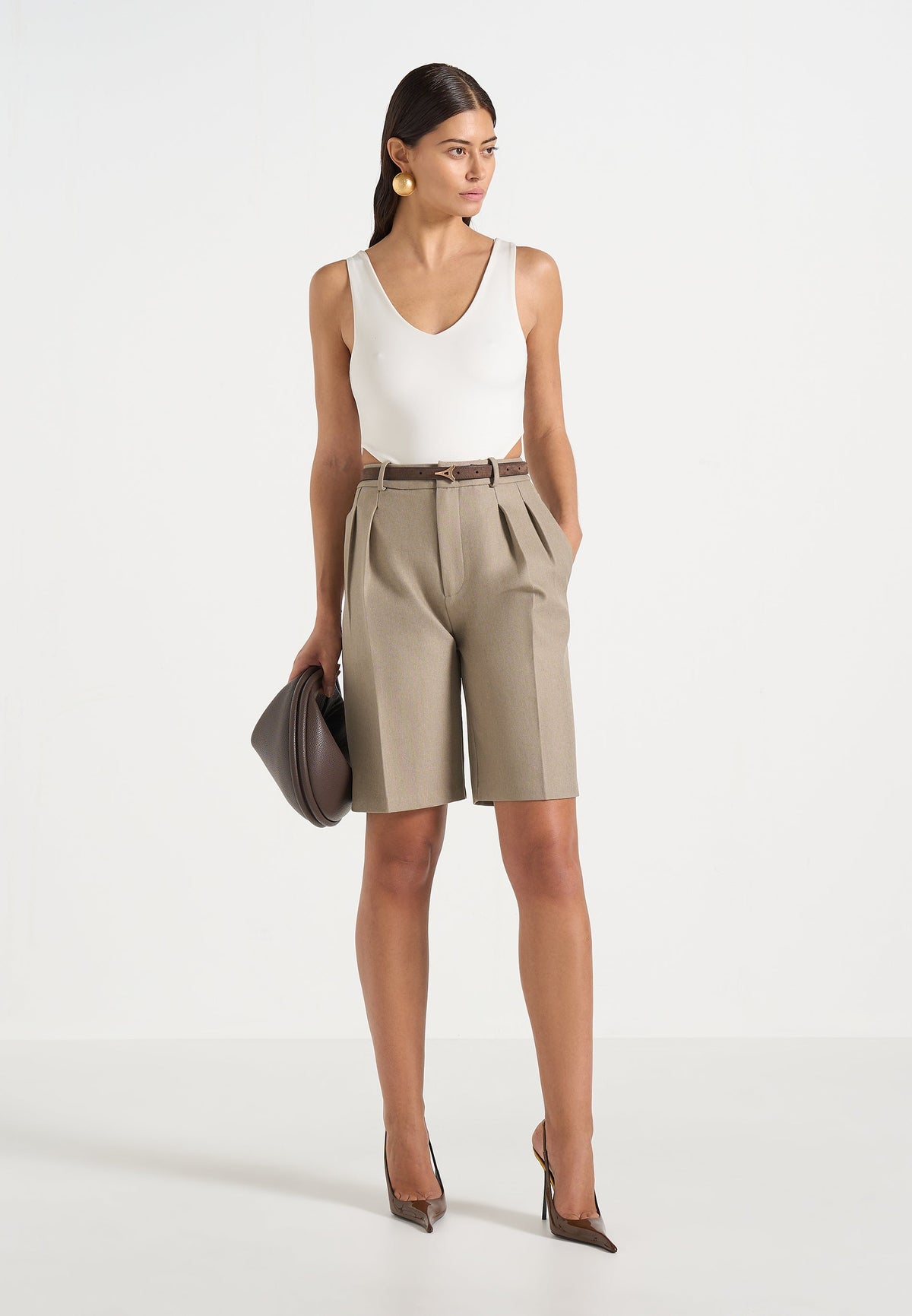 Lorette - Twin Pleat Tailored Shorts - Beige