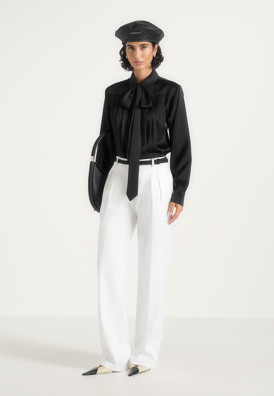 Hanelle - Satin Tie Neck Pleated Shirt - Black