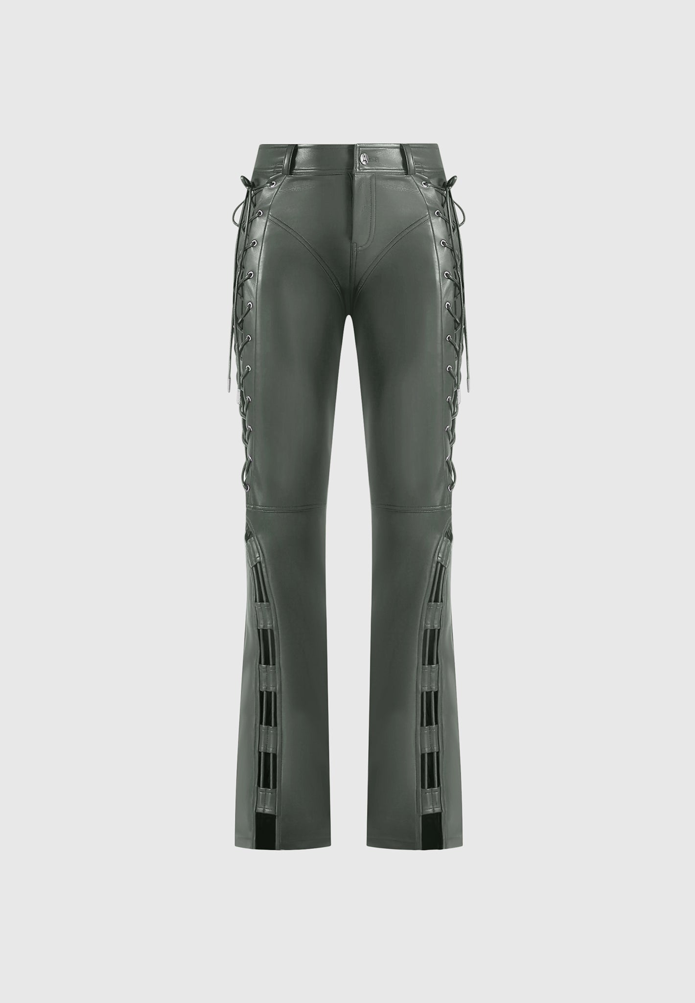Ambre - Leather Lace Up Flared Pants - Olive