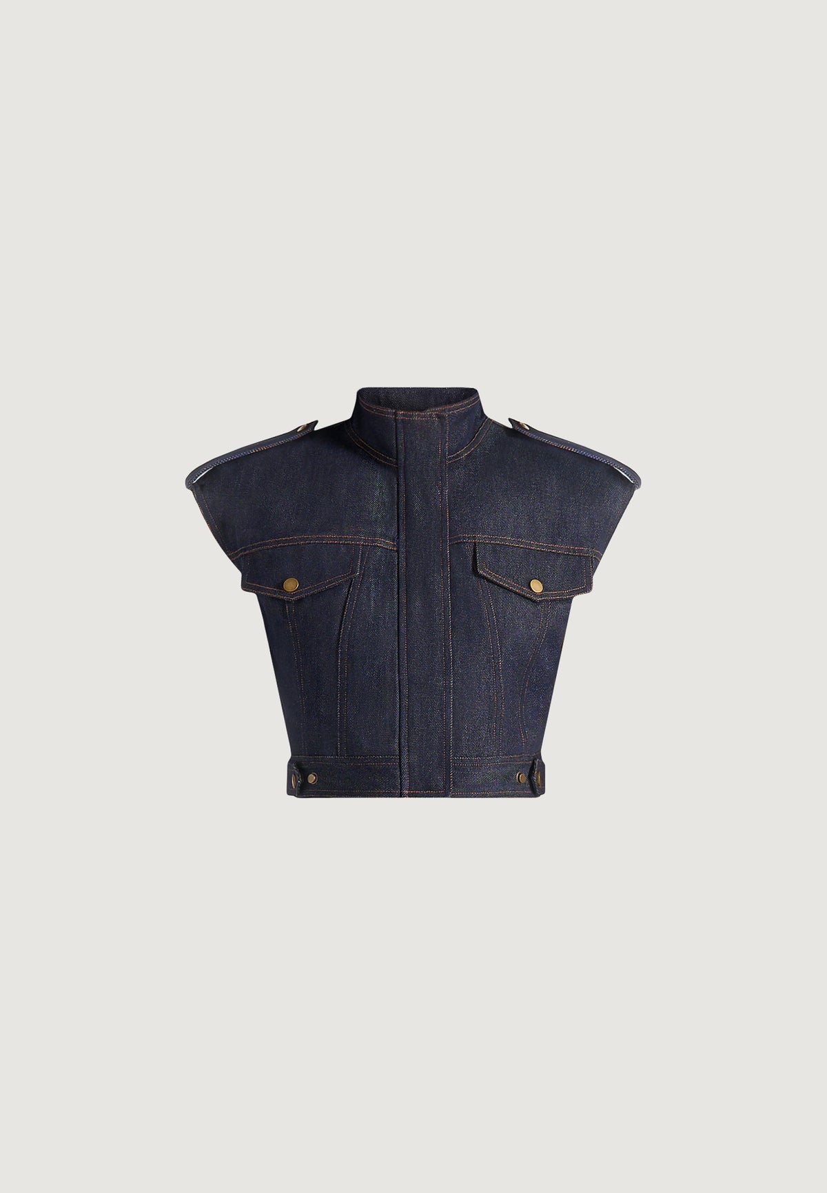 Imelda - Denim Cropped Wide Shoulder Sleeveless Jacket - Indigo