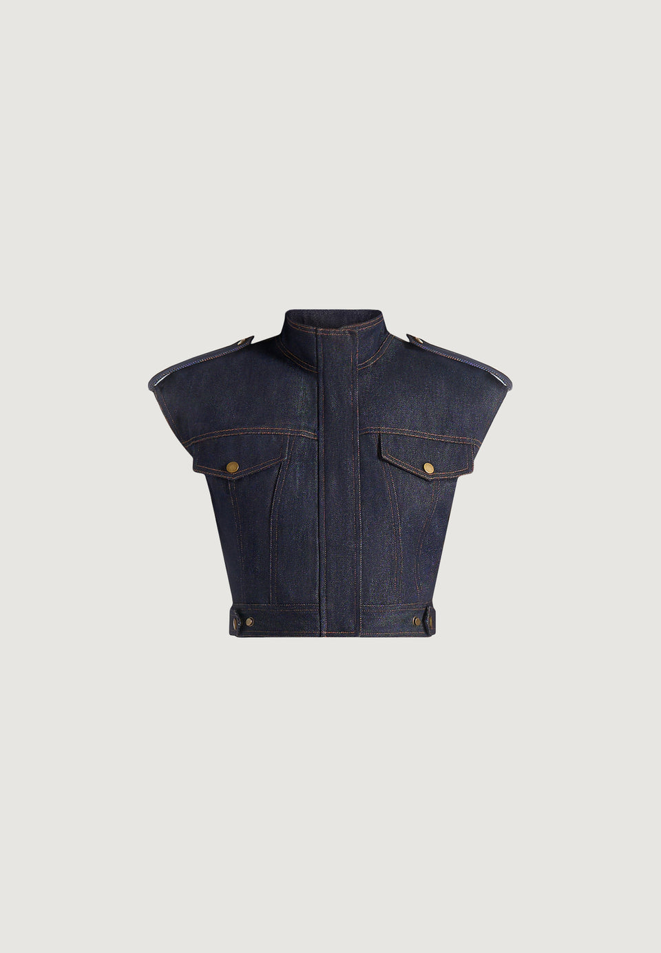 Imelda - Denim Cropped Wide Shoulder Sleeveless Jacket - Indigo